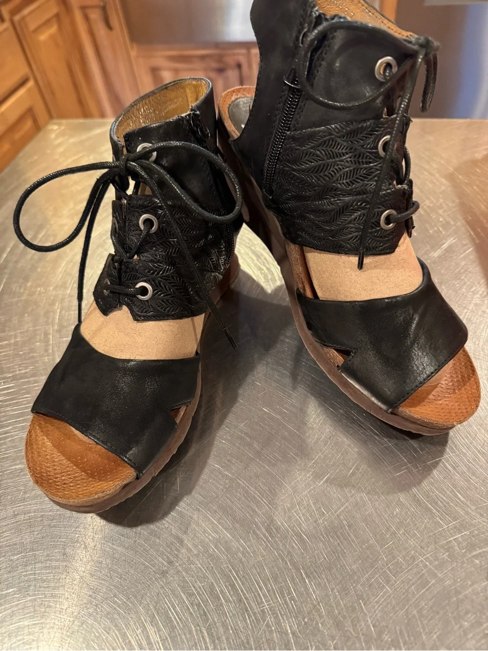 Miz Mooz Black Open-Toe Lace-Up Wedge Sandals